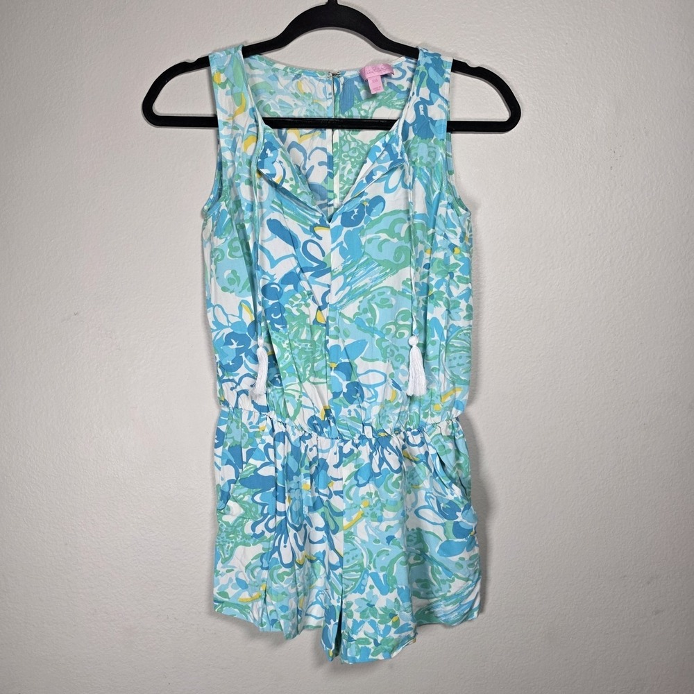 Lilly Pulitzer Tybee In A Pinch Blue Sleeveless Tassel Tie Short Romper XXS - Picture 3 of 14